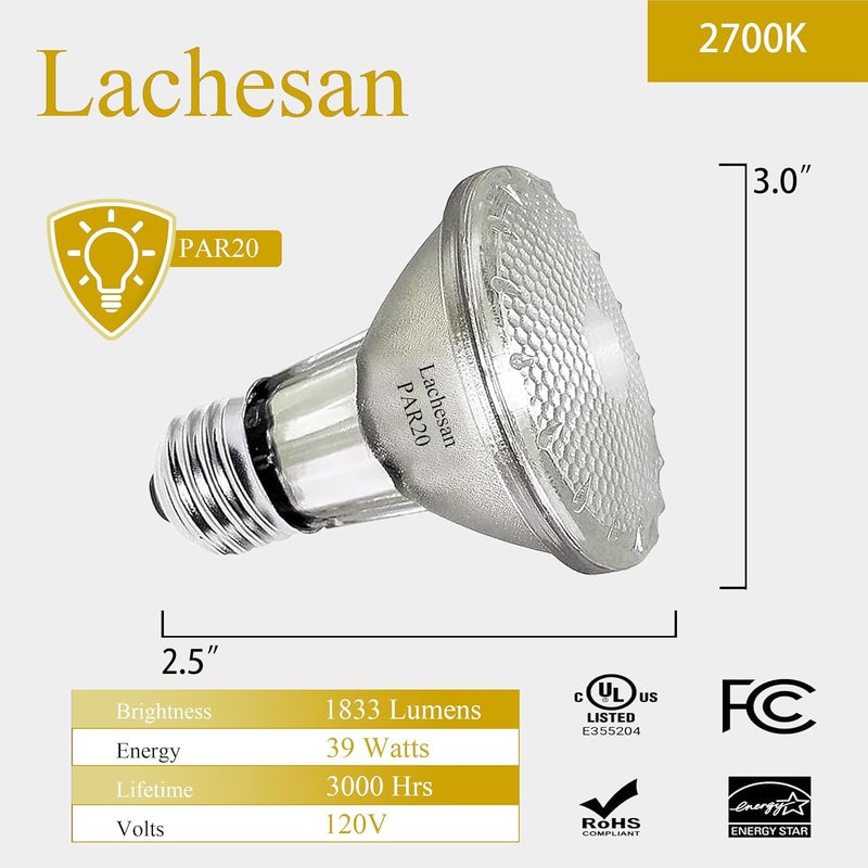 Lachesan PAR20 Flood 39W 120V 480 Lumens Flood Light Bulbs, 6 Pcs PAR20 Range Hood Light Bulb with Dimmable E26 Base, Dimmable 2800K Warm White, Long Lasting for Indoor Spotlight, Range Hood, Recessed - Image 4